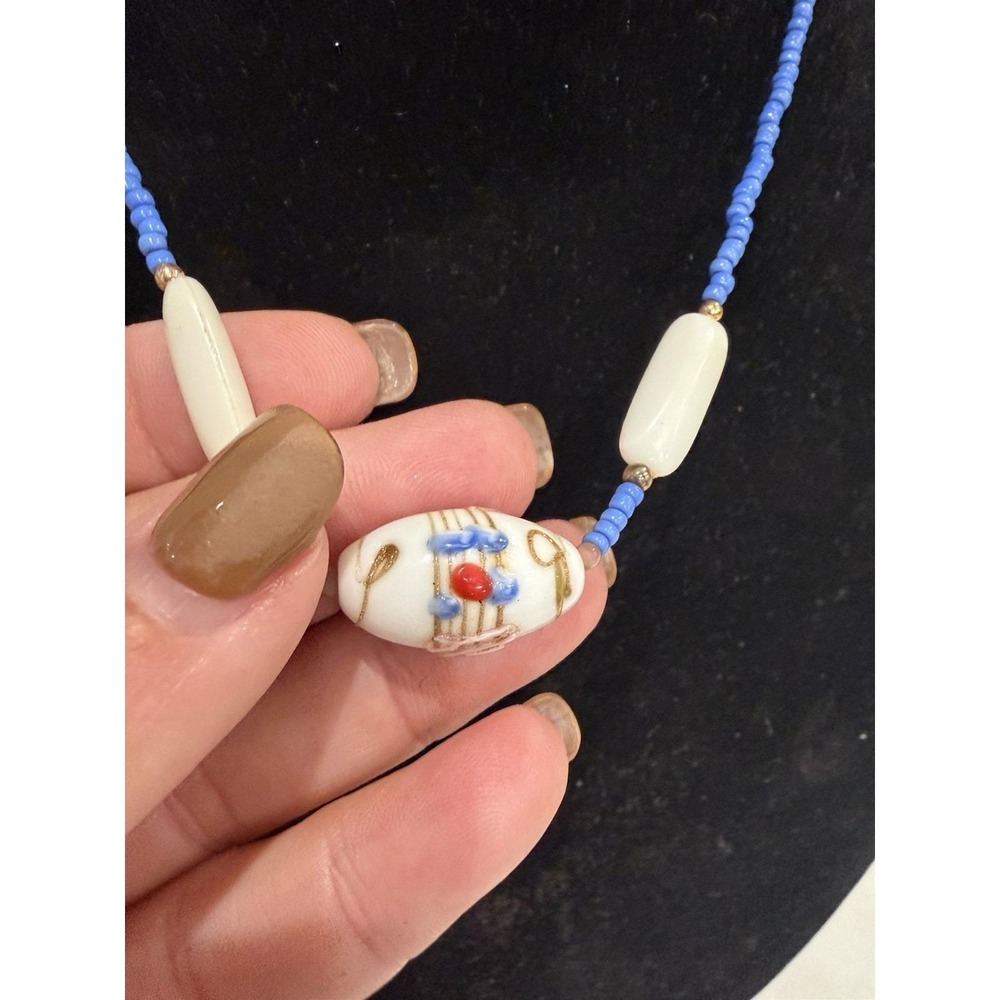 Vintage Blue White Glass Bead Necklace Floral Art Bead 16" Sweet Boho